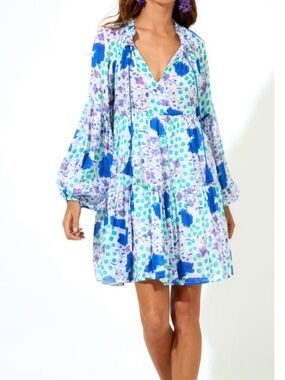 NWOT, Oliphant Balloon Sleeve Short Dress, Petite Fleur Cobalt, XXS